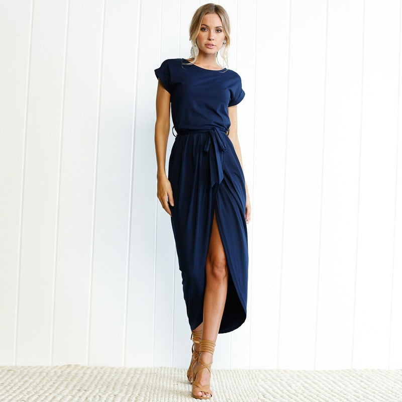New Sexy Women O-neck Short Sleeve Dresses Tunic Summer Beach Sun Casual Femme Vestidos Lady Clothing Lady Office Long Dress