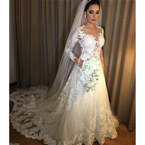 Robe De Mariee Vintage White A-line Wedding Dresses Long Sleeve Wedding Gowns Beading Sheer Nude tulle Bride Dress 2018 gelinlik