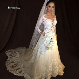 Robe De Mariee Vintage White A-line Wedding Dresses Long Sleeve Wedding Gowns Beading Sheer Nude tulle Bride Dress 2018 gelinlik