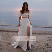 Load image into Gallery viewer, SimpleSatin Wedding Dresses 2022 Women Two Pieces Puff Sleeves A-Line Wedding Gowns Side Split Long S Robe De Mariee Customize