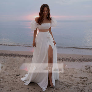SimpleSatin Wedding Dresses 2022 Women Two Pieces Puff Sleeves A-Line Wedding Gowns Side Split Long S Robe De Mariee Customize