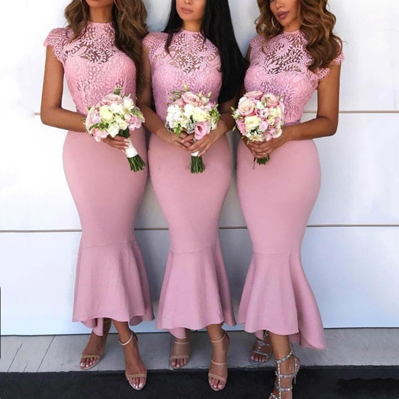 Elegant High Neck Lace Bridesmaid Dress Pink  2022 Sexy Mermaid Wedding Party Gowns Maid Of Honor Dress Pleats Custom Made