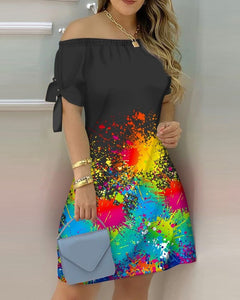Women Printed Short Sleeve Dress Sexy Off Shoulder Mini A-line Dresses Summer Slash Neck Loose One Piece Dress Plus Size Female