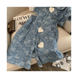 2022 Women Denim Dress Sexy Waist Hollow Out Female Dresses Summer Party Chic Polo Neck Heart Decorate Puff Sleeve Dress Ladies