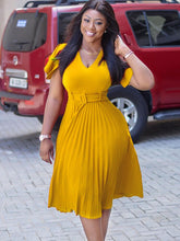 Load image into Gallery viewer, Women Pleated Dresses High Waist Short Sleeves A Line Modest African Office Ladies Work Wear Date Elegant Classy Robes Vestidos
