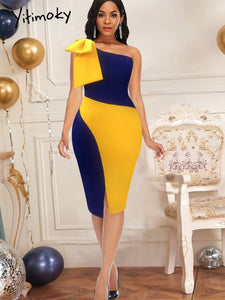 Women Dresses Bodycon Party Sexy One Shoulder Bowtie Blue Yellow Patchwork Irregular Sheath Event Lady African Autumn Night Out