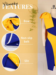 Women Dresses Bodycon Party Sexy One Shoulder Bowtie Blue Yellow Patchwork Irregular Sheath Event Lady African Autumn Night Out
