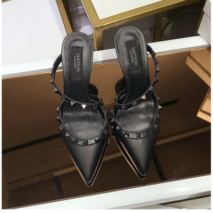 Real Leather Star Style Luxury Brand Rivet Women High Heel Summer Sandals Thin Heel Lady Wedding Shoes Pointed Toe Fashion Pumps