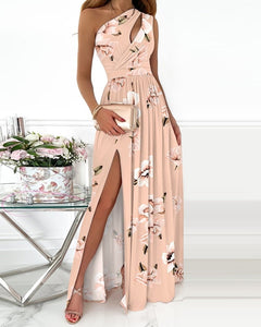 Summer Elegant One Shoulder Floral Print High Slit Cutout Maxi Party Dress Asymmetric Women Long Wedding Evening Sexy Robes Midi