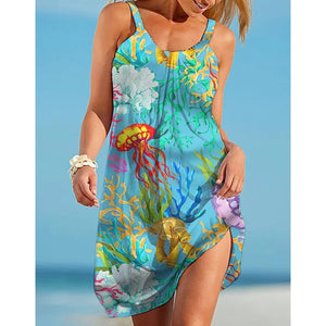 Sea Octopus Print Beach Dress Midi Women Fashion Sexy Dress Bohemian Strap Sleeveles Party Dresses Hem Evening Beach Sundress 1