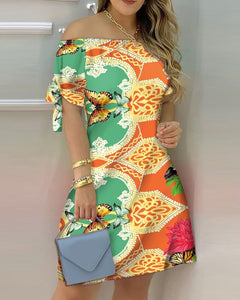 Women Printed Short Sleeve Dress Sexy Off Shoulder Mini A-line Dresses Summer Slash Neck Loose One Piece Dress Plus Size Female