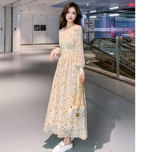 Korean Beach Style Retro Long Women Party Print Chiffon Chic Flower Vintage Dress Ankle-Length High Dress Slim Dresses Clothing