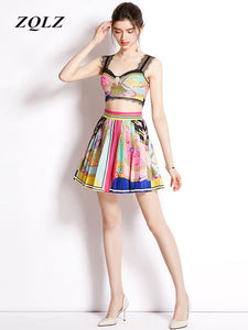 ZQLZ 2022 Women Summer 2 Piece Skirt Sets Fashion Sleeveless Cup Padded Lace Stitching Crop Top + Retro Print Mini Pleated Skirt