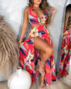 Sexy Deep V Neck Floral Print O-Ring Halter Backless Maxi Dress Women 2022 Summer Fashion New Sleeveless High Slit Dresses