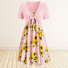 Load image into Gallery viewer, Women Sunflower Print Dress Summer Knotted Short Sleeve Tunic Tops A Line Midi Dress Female Fashion Beach Party Two Pieces Dress