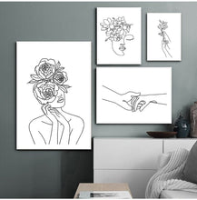 Load image into Gallery viewer, Wall Art Line Drawing Girl Print Minimalist Simple Fashion Poster Women Flower Leaf Body Sketch  Black White Canvas Painting