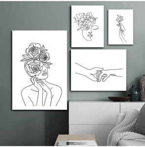 Wall Art Line Drawing Girl Print Minimalist Simple Fashion Poster Women Flower Leaf Body Sketch  Black White Canvas Painting