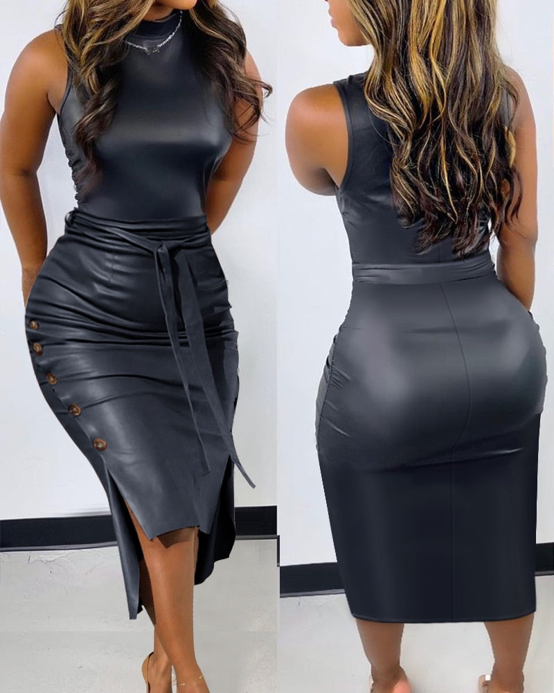 Spring Women Buttoned Split Hem PU Leather Bodycon Dress 2022 New Femme Casual Round Neck SleevelessMidi Robe Sexy Lady Outfits