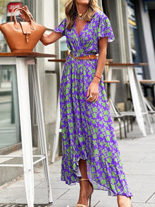 New Printed V-neck Dress with High Waist and Slim Temperament Long Skirt Fashionable and Casual Street Women's Dress Sashes