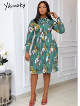 Load image into Gallery viewer, Women Printed Pleated Dress Long Sleeves with Bowtie Floral Knee Length Elegant Office Ladies Classy Fashion African Female New