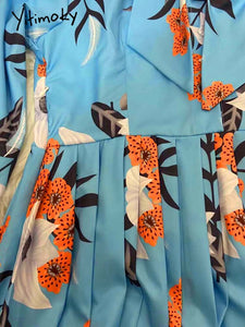Women Printed Pleated Dress Long Sleeves with Bowtie Floral Knee Length Elegant Office Ladies Classy Fashion African Female New