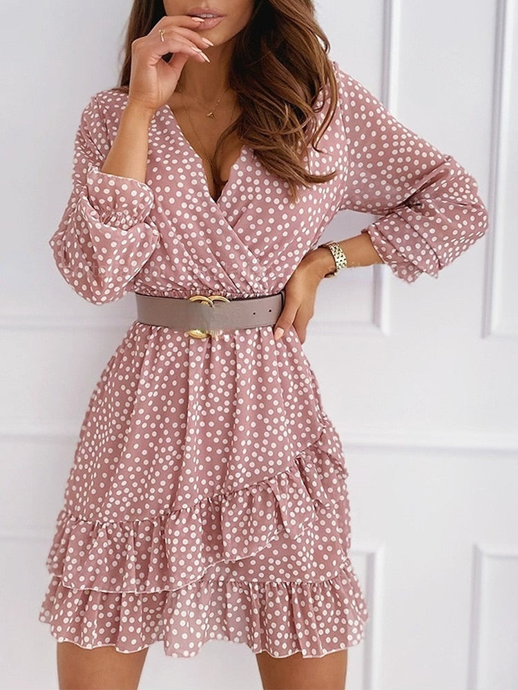 Spring  Summer New Wave Dot Print Pink Sweet Commuting Sexy V-neck Long Sleeve Ruffle Dress Short Skirt Office Lady Woman Dress