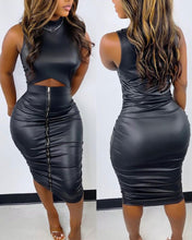 Load image into Gallery viewer, Spring Women Buttoned Split Hem PU Leather Bodycon Dress 2022 New Femme Casual Round Neck SleevelessMidi Robe Sexy Lady Outfits