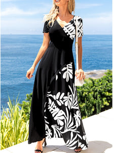 Summer New Fashion Digital Printing Stitching Short-sleeved Long Dress V-neck Ladies Long Dress Banquet Women Clothing Dresses