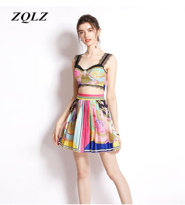 ZQLZ 2022 Women Summer 2 Piece Skirt Sets Fashion Sleeveless Cup Padded Lace Stitching Crop Top + Retro Print Mini Pleated Skirt