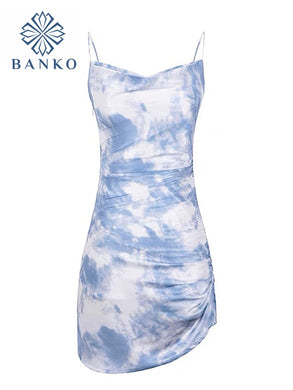 Tie Dye Print Mini Dresses Woman Fashion Sexy Backless Folds V-neck Sleeveless Club Party Holiday Satin Spaghetti Strap Dresses