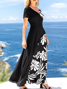 Summer New Fashion Digital Printing Stitching Short-sleeved Long Dress V-neck Ladies Long Dress Banquet Women Clothing Dresses