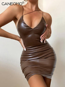 Sexy Pu Leather Bodycon Mini Dress Women Elegant Spaghetti Strap Tight Party Slip Dresses 2022 Summer Y2K Black Red Club Outfits