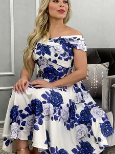 Sexy Wrap Cross Off Shoulder Party Dresses Elegant Short Sleeve Loose Pleated Dress Women Fashion Flower Print Slim A-Line Dress