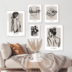 Abstract Woman Lines Minimalism Monstera Fashion Wall Art Canvas Painting Nordic Posters Prints Pictures For Living Room Decor