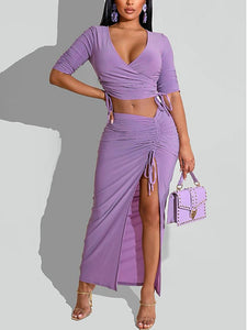 Two Piece Elegant Dress Suits Half Sleeve V Neck Crop Top High Slit