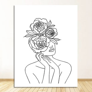 Black White Canvas Painting Wall Art Line Drawing Girl Home Decor Minimalist Simple Fashion Poster Women Flower Leaf Body Sketch