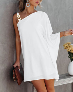 Summer Women Fashion Casual Loose Dresses Plus Size Solid Color One Shoulder Elegant Chain Strap Asymmetrical Neck Casual Dress