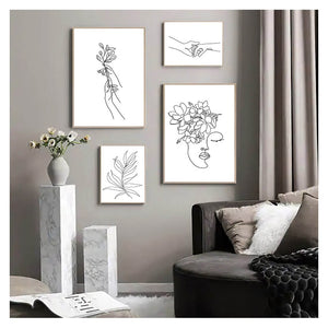 Black White Canvas Painting Wall Art Line Drawing Girl Home Decor Minimalist Simple Fashion Poster Women Flower Leaf Body Sketch