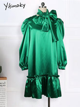 Load image into Gallery viewer, Women Loose Dresses With Bowtiw Scarf O Neck Long Lantern Sleeves Ruffles Pleated African Large Size Lady Female Vestidos Robes