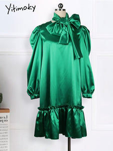 Women Loose Dresses With Bowtiw Scarf O Neck Long Lantern Sleeves Ruffles Pleated African Large Size Lady Female Vestidos Robes