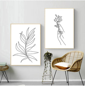 Wall Art Line Drawing Girl Print Minimalist Simple Fashion Poster Women Flower Leaf Body Sketch  Black White Canvas Painting