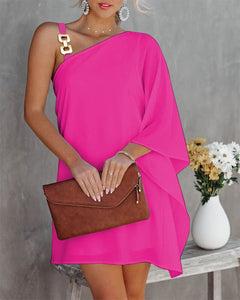 Summer Women Fashion Casual Loose Dresses Plus Size Solid Color One Shoulder Elegant Chain Strap Asymmetrical Neck Casual Dress