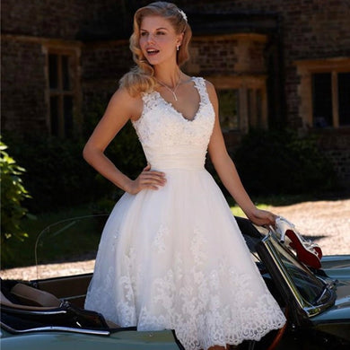 Short Lace Appliques Wedding Dress V-Neck White Tulle A-line Bridal Gowns Sleeveless Beach White Ivory vestidos de novia 2022
