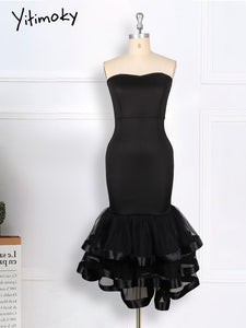 Women Sexy Tube Top Black Dresses Mesh Patchwork Big Size Off Shoulder Bodycon Evening Party Wedding Celebrate Event Robes Gown
