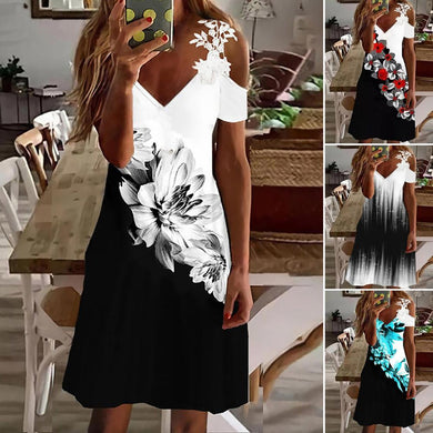 Women Summer Printed Street Holiday Mid Dress Lady Office V-Neck Off Shoulder Sexy A Line Dress Slim Fashion Short Sleeve Dress