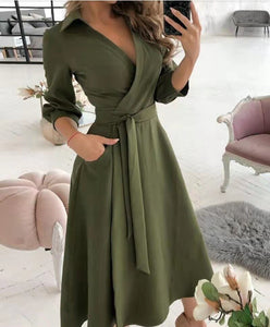 GODDESS spring and summer fashion new women's V-neck wave print long-sleeved loose and comfortable bright shirt dress