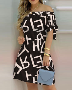 Women Printed Short Sleeve Dress Sexy Off Shoulder Mini A-line Dresses Summer Slash Neck Loose One Piece Dress Plus Size Female