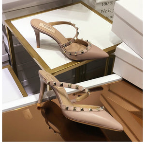 Real Leather Star Style Luxury Brand Rivet Women High Heel Summer Sandals Thin Heel Lady Wedding Shoes Pointed Toe Fashion Pumps