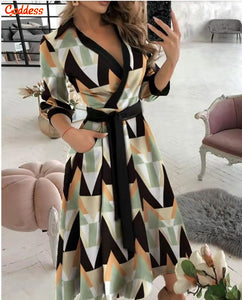 GODDESS spring and summer fashion new women's V-neck wave print long-sleeved loose and comfortable bright shirt dress