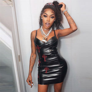 Women Y2K Cross Printed PU Leather Dress Female Summer V-Neck Sleeveless Strap Bodycon Outfits Mini Sexy Party Clubwear Vestido